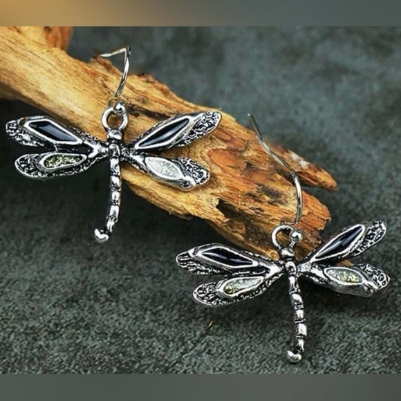 “Dragonfly” Firefly Silver Black & Green Iridescent Glitter Winged Insect Dangle - Picture 3 of 16
